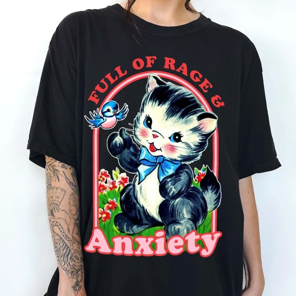 

Vintage Kawaii Cat Graphic Tee Funny Anxiety Shirt 90s Retro Design Kitten Graphic Printed T-shirt Women Fashion Tops Cotton Tee