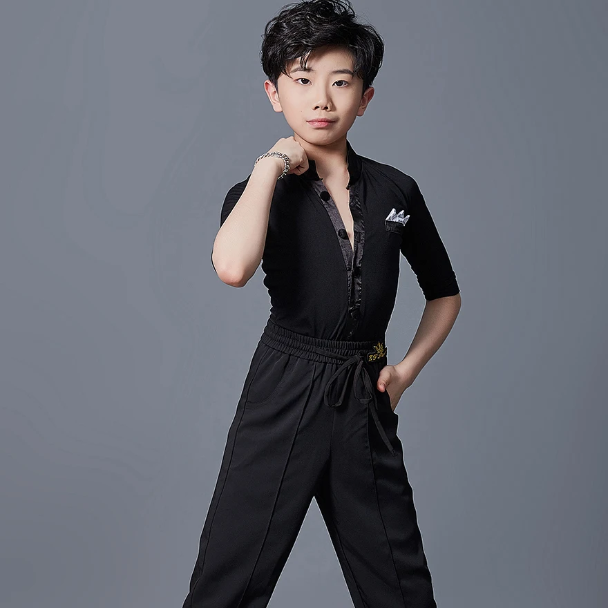 New Children\'S Modern Dancing Clothes For Boys Black Shirt Practice Pants Suits Kids Latin Performance Dance Costume SL6597