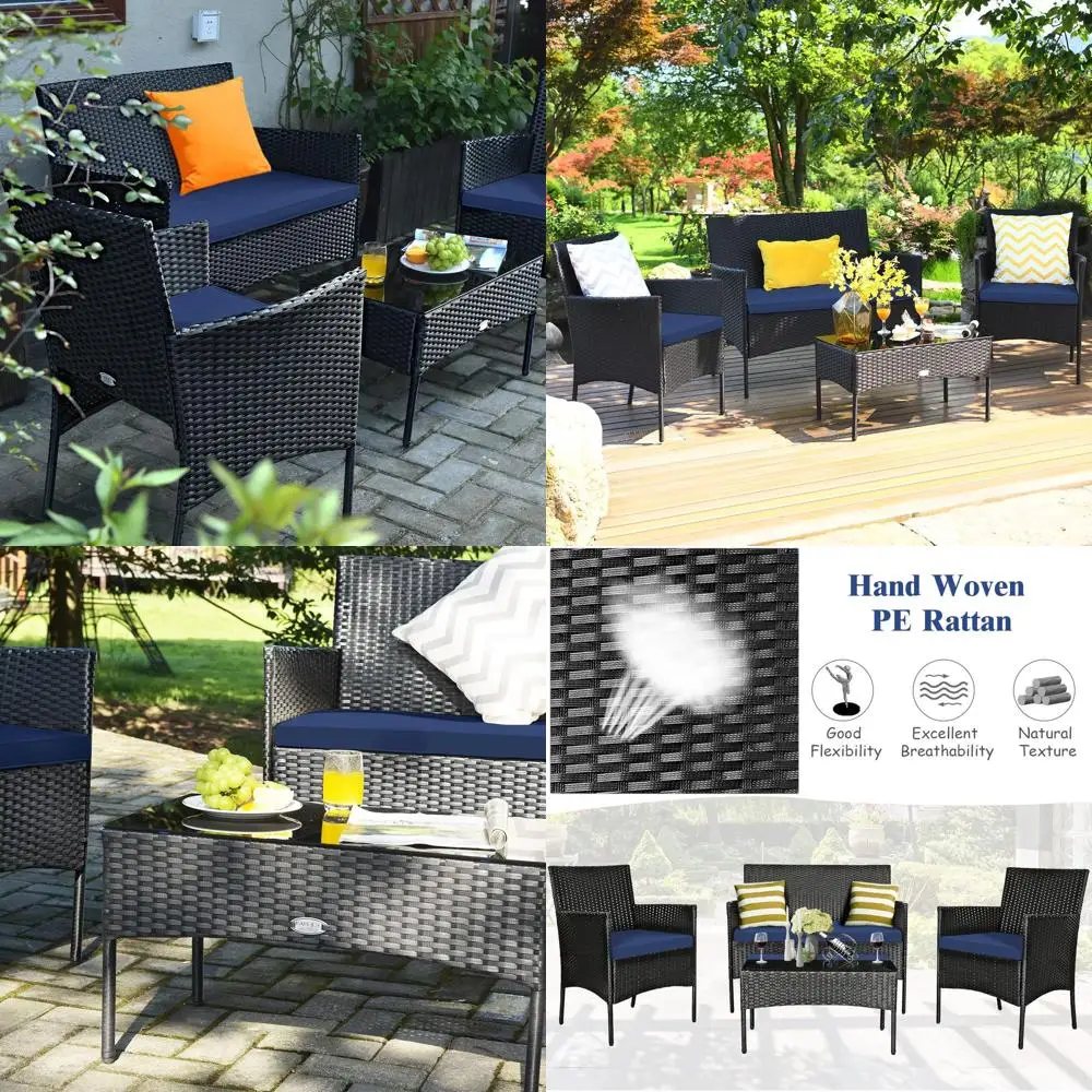 

4-Piece Outdoor Wicker Furniture Set with Tempered Glass Table and Seat Cushions for Patio, Garden, Poolside (Navy)