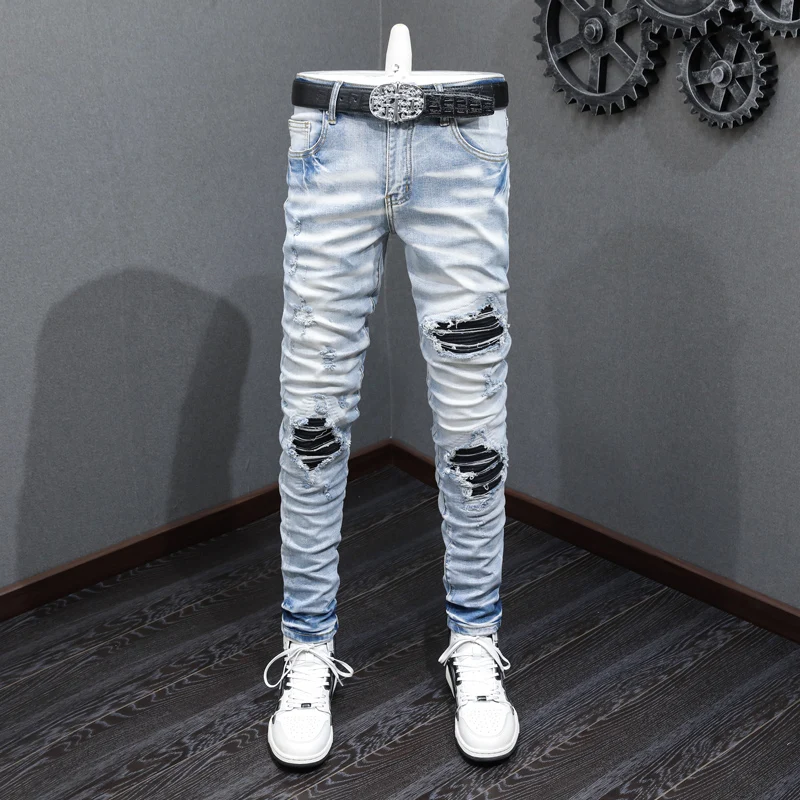 High Street Fashion Men's Jeans Retro Stretch Slim fit Ripple Jeans Men's Leather Patch Designer Hip Hop Brand Light Blue Pants