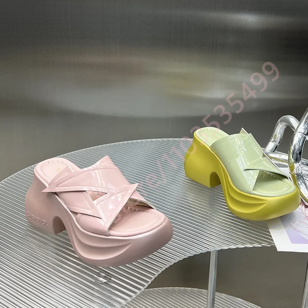 Pastel Color Crisscross Strap Platform Slide Sandals Women Wave Shaped Block Heel Open Toe Slip On Summer Fashion Mules Slippers