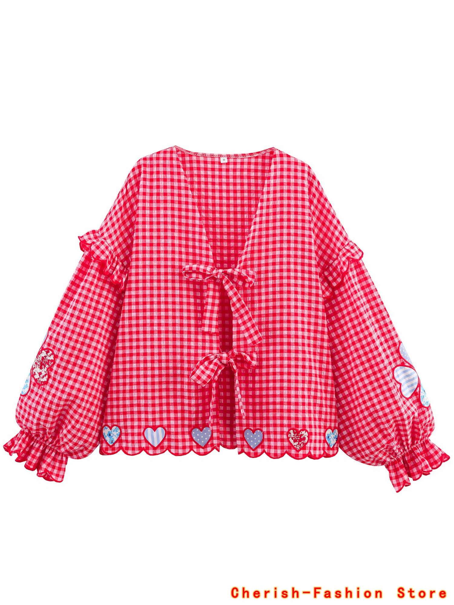 Plaid Tops Heart shape embroidery Shirt Women Ladylike Style Blouses Shirt Lace-up decoration Woman Shirts And Blouses Tops Hot