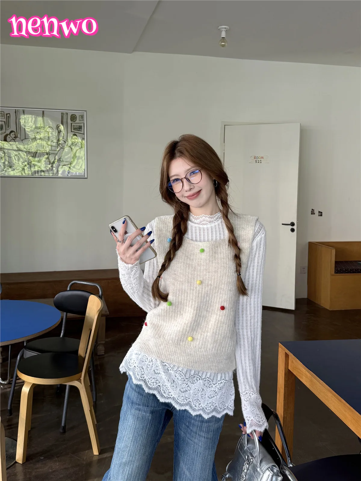 الحلو محبوك الكورية نمط الطبقات محبوك سترة الموضة الملونة الكرة + الدانتيل قاعدة قميص تي شيرت الخريف الشتاء وصول جديد