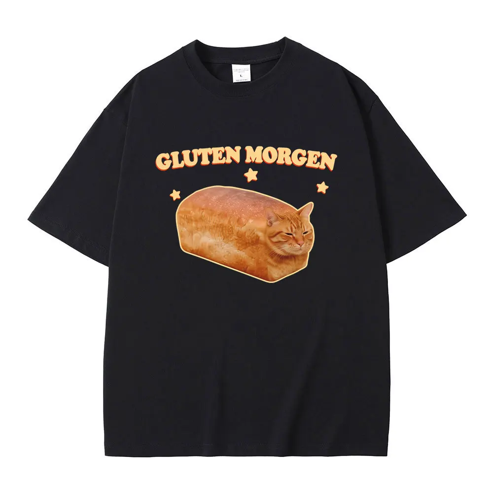 Gluten Morgen Funny Cat Meme T-shirt Silly Cats T Shirts Men Women Casual Humor Tee Shirt Male Vintage Cotton Oversized T-shirts