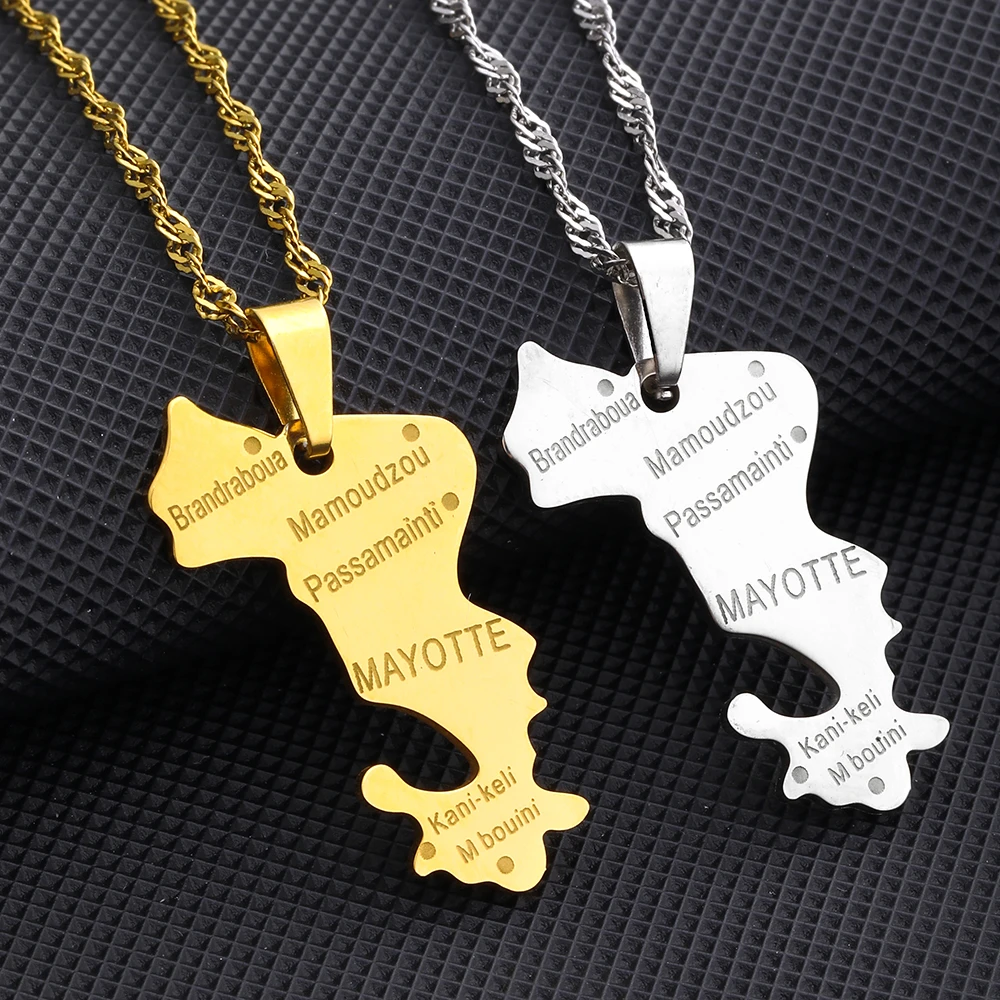 French Mayotte Island Map Pendant Necklace Stainless Steel Men Women Ethnic Maps Jewelry Gift