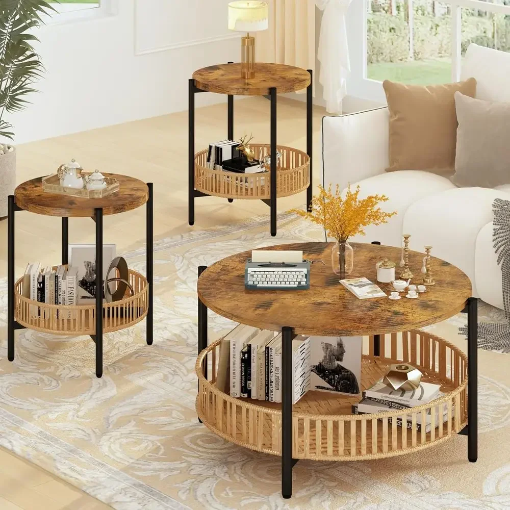 3 Pieces Coee Table Set or Living Room, 2 Tier Round Rattan Coee End Side Table, Boho Living Room Table Set with Metal e or Bedr
