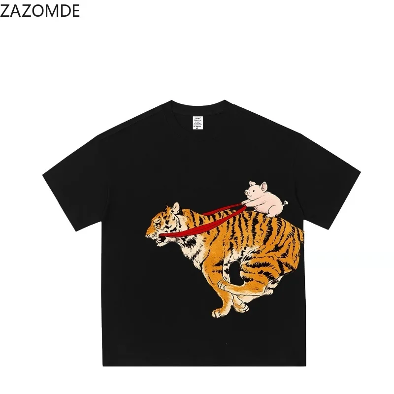 ZAZOMDE Unisex Funny Pig Riding Tiger Graphic T Shirt Vintage Hand Drawn Animal Print Crew Neck Loose Casual Short Sleeve Tee