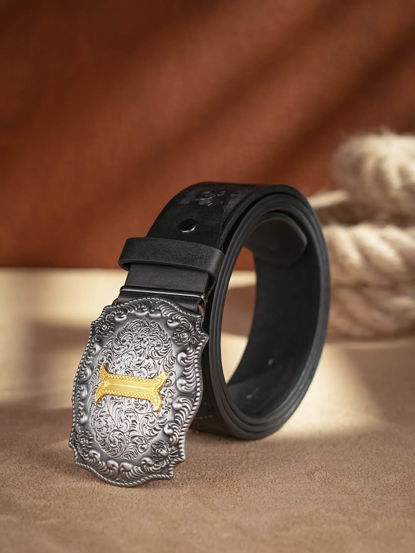 Western Cowboy PU-Ledergürtel – Herren-Hüftgurt, Stier-Dekoration, Blumenmuster, graviert für Jeans – Detail 18