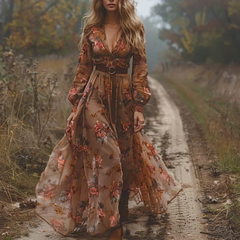 Vintage Pattern Printed Long Sleeved Women's Dress Casual V-neck High Waist Pleated Autumn Dress Elegant Loose Bohemian Dresses image 4