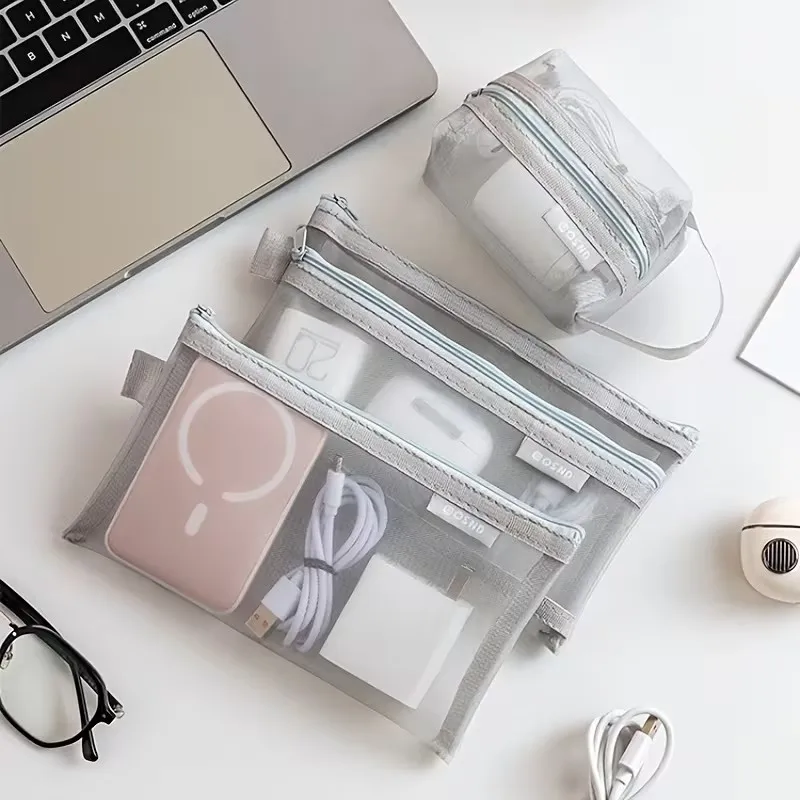 Gray Mesh Organizer Bags – for Travel, Makeup, Stationery, Electronics Accessories and Desk Drawer Organization Supplies TMZ view 4