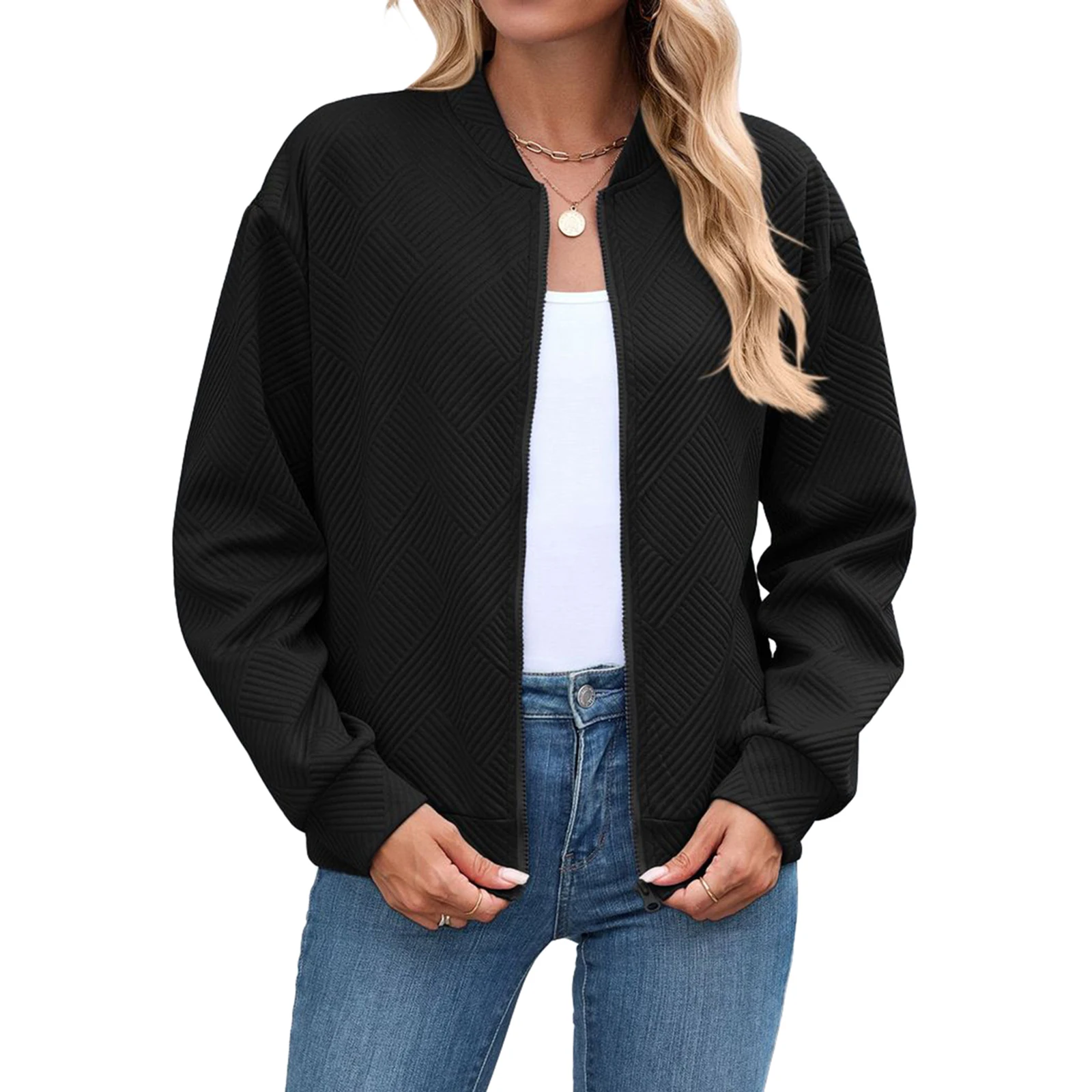 Women s Fall Coat Long Sleeve Full Zip up Baseball Jacket Solid Color Casual Outerwear