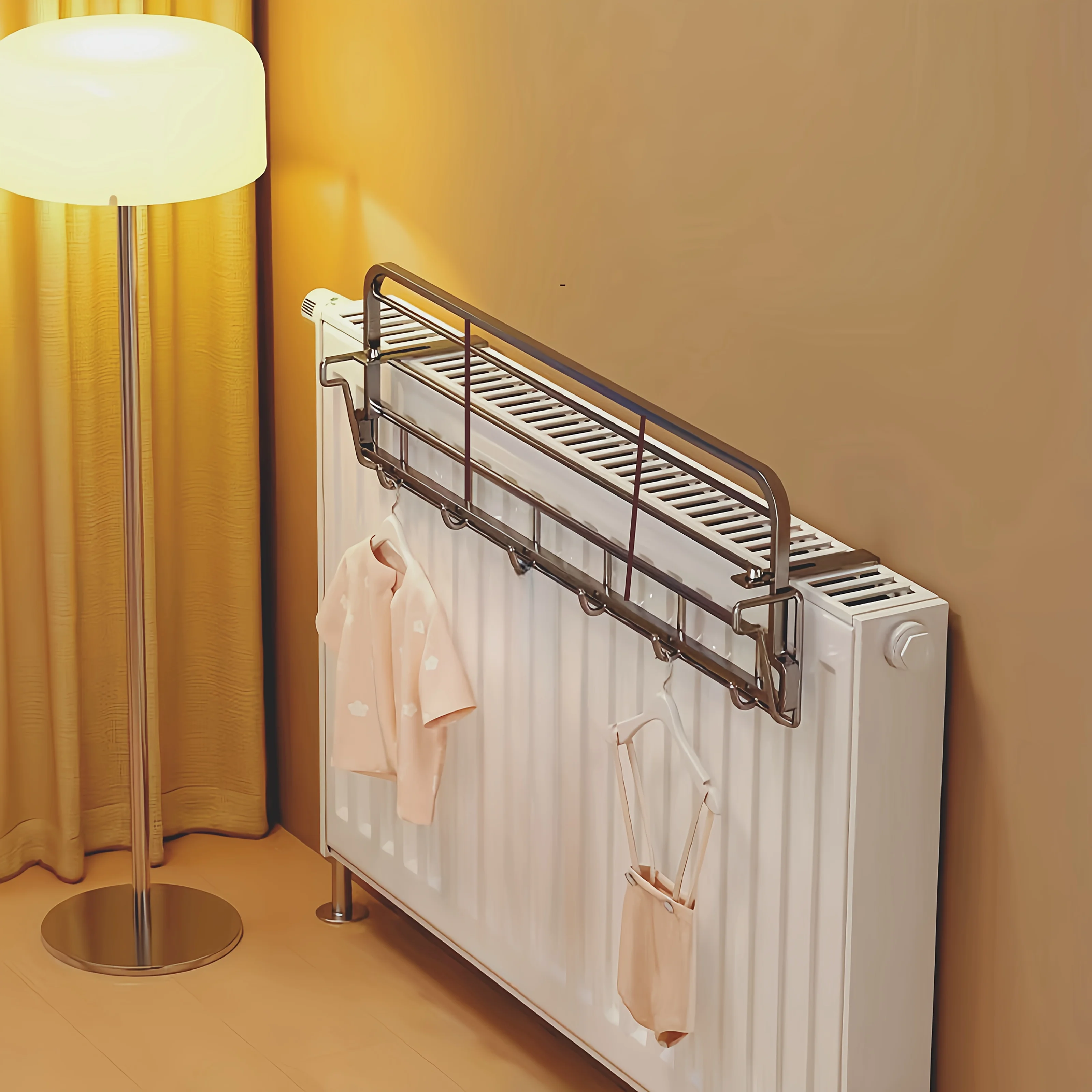 Heavy-Duty Metal Clothes Drying Rack - Radiator Drying Rack, Space-Saving Hanging Organizer with Hooks, Tool-Free Installation, Sturdy Iron Structure Suitable for Bathroom, Kitchen, Laundry Room - Can Store Clothes, Shoes, Towels - Black and White Color Scheme - Suitable for Small Apartments