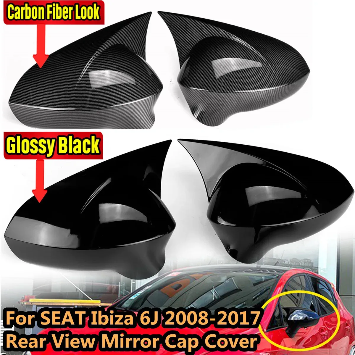 Glossy Black/Carbon Fiber Look Rearview Wing Mirror Covers Caps For Seat Leon MK2 1P Ibiza MK4 6J 2008-2017 Mirror Case Cover