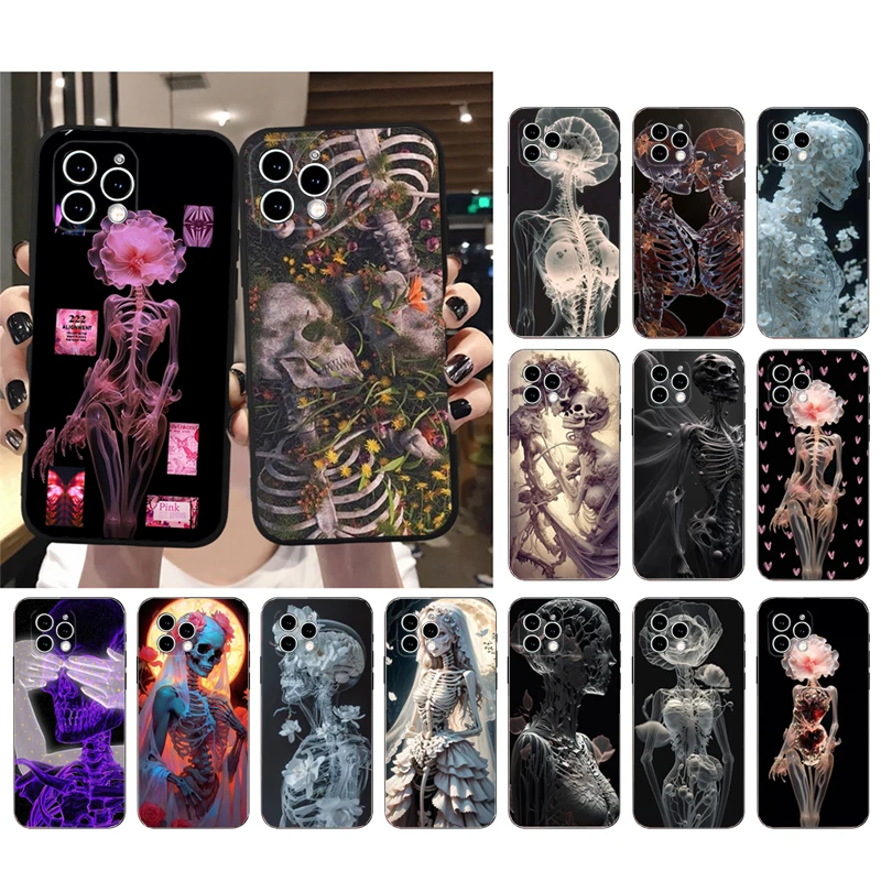 

Bones And Roses Skull Skeleton Phone Case For iPhone 17 Pro Max Air 17 16 15 14 13 Pro Max 15 16 Pro 15Plus Silicone Cover