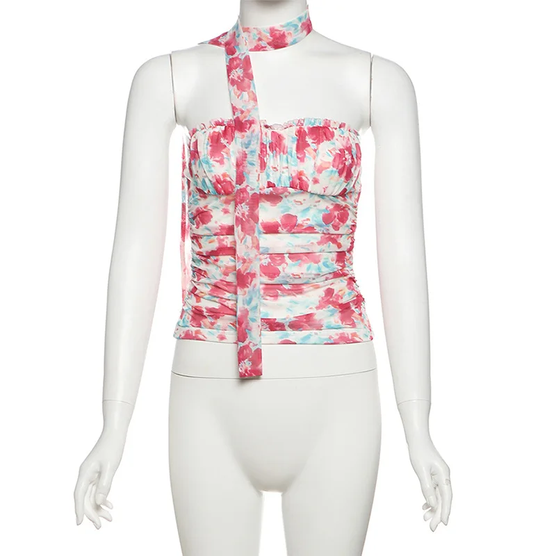 

2025 cross-border new neck slim backless versatile contrasting color printed sleeveless top women