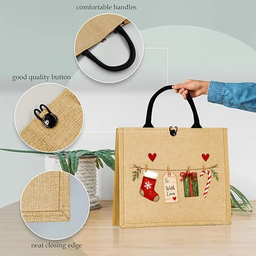 Cute Christmas Hanging Stocking & Candy Cane Jute Tote Bag, Xmas Holly Heart Pattern Shoulder Bag, Casual Daily Shopping Handbag 6