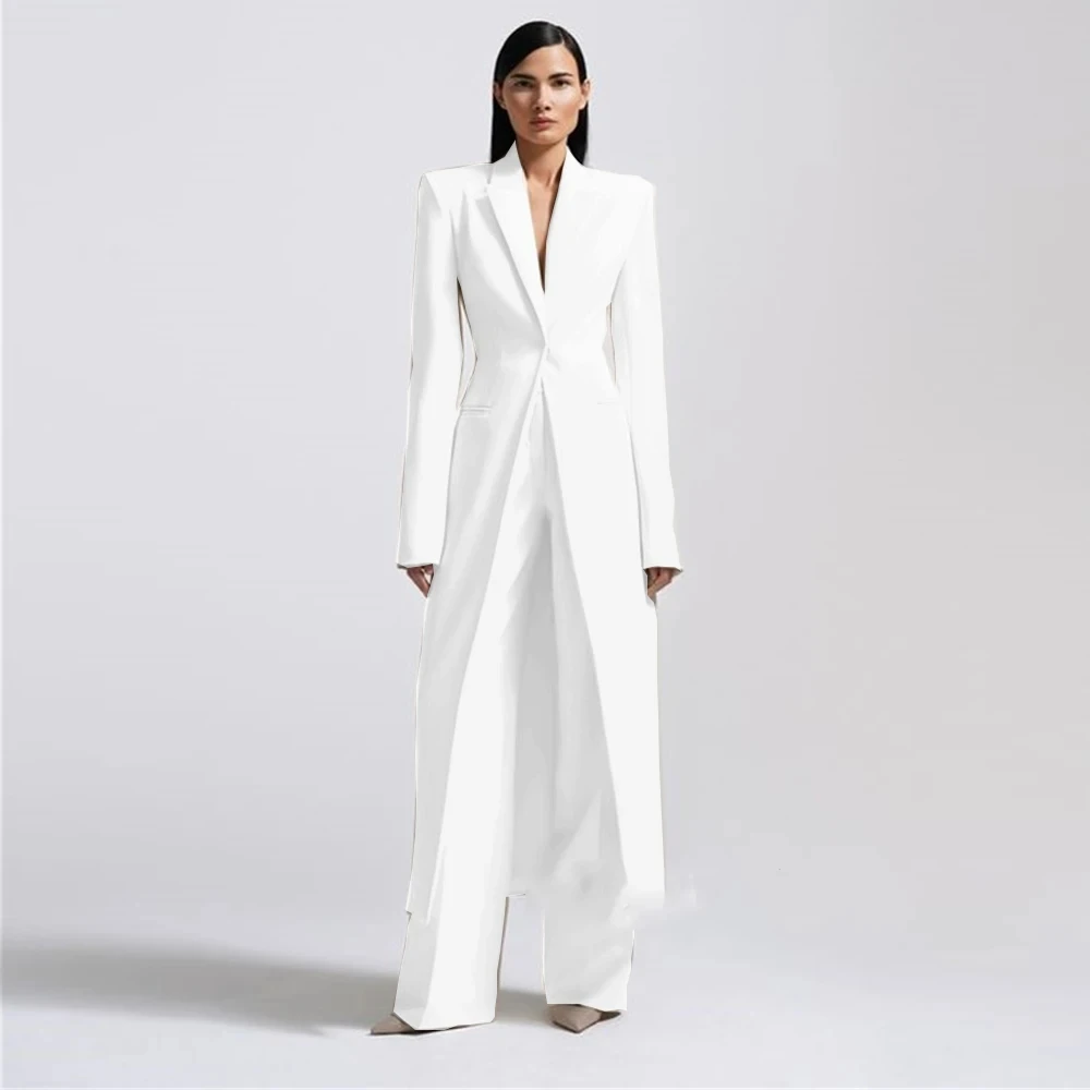Fashion Beige Women\'s Blazer PantsSuit Peak Lapel Long Coat Wedding Formal Suits Office Lady Jacket Pant 2 Piece