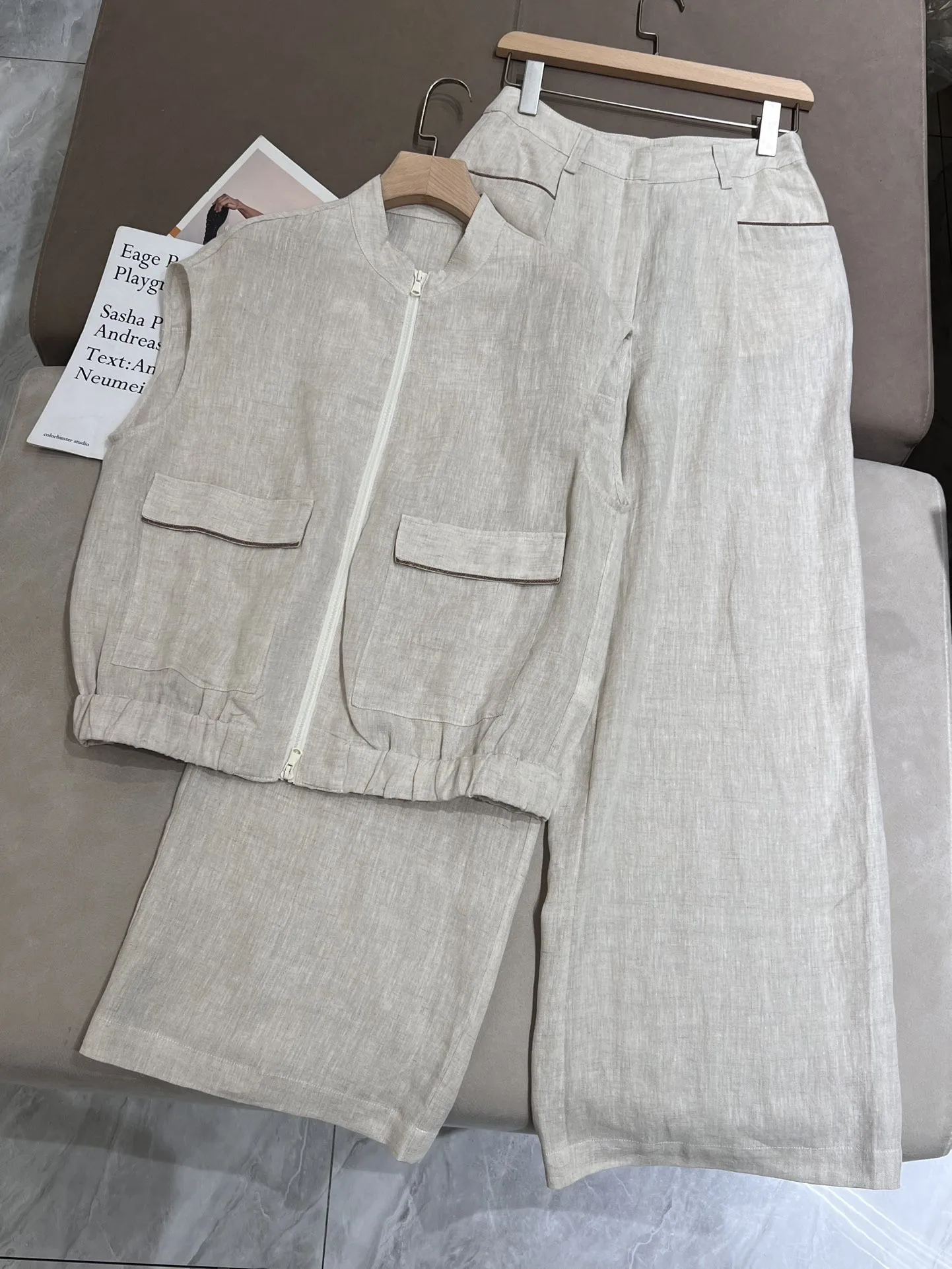 Casual summer high quality pure linen wide leg pants suit