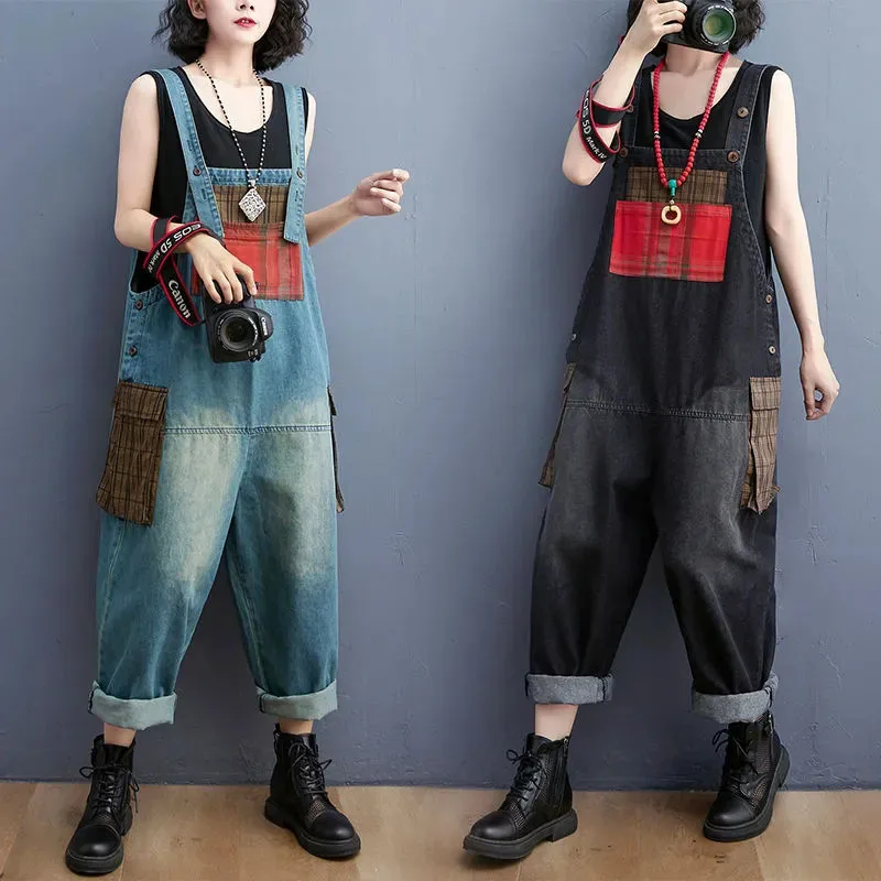 

New Fashion Plaid Patch Denim Overalls Women Summer Autumn Loose Wide Leg Jeans Jumpsuit Female Casual Slacks Straps Rompers