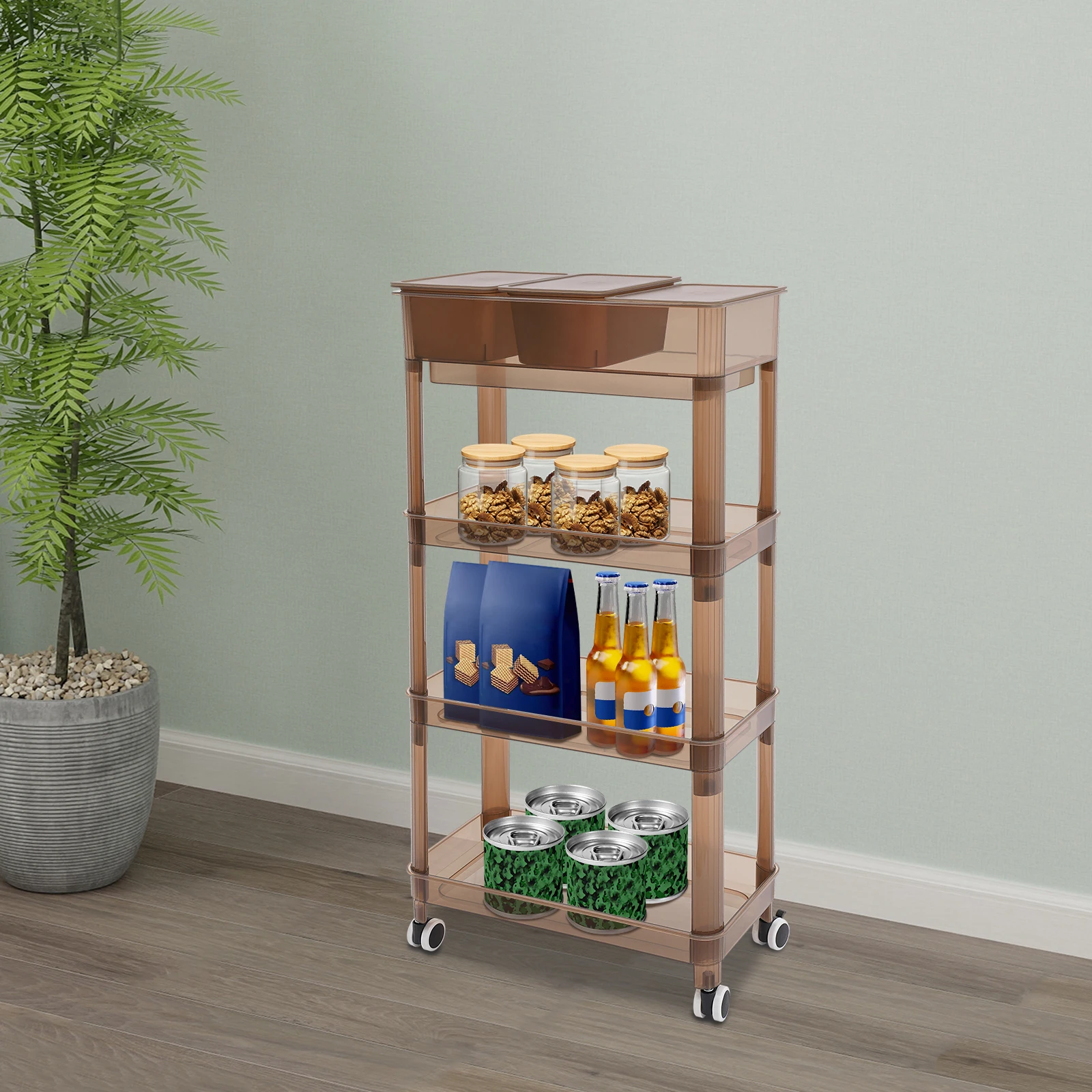 4 Tier Storage Cart Small Trolley Utility Cart Storage Rack w/wheels Mobile Snack Cart w/Storage Bins for Kitchen Bathroom