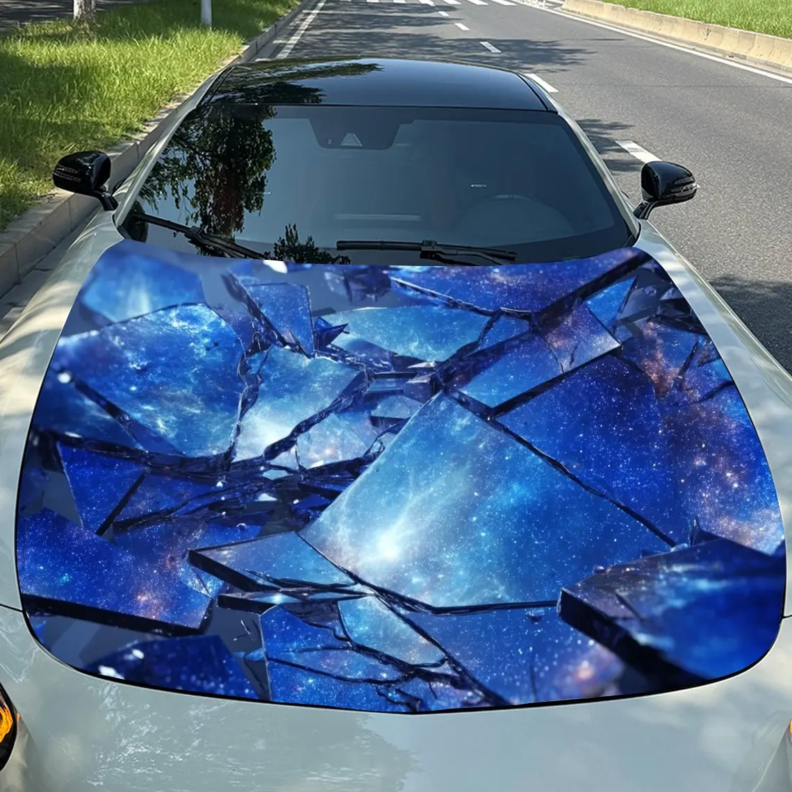 

Shattered Mirror Galaxy Car Vinyl Wrap, PVC Material Waterproof Car Hood Sticker, Self-Adhesive Scratch-Resistant Stickers for E