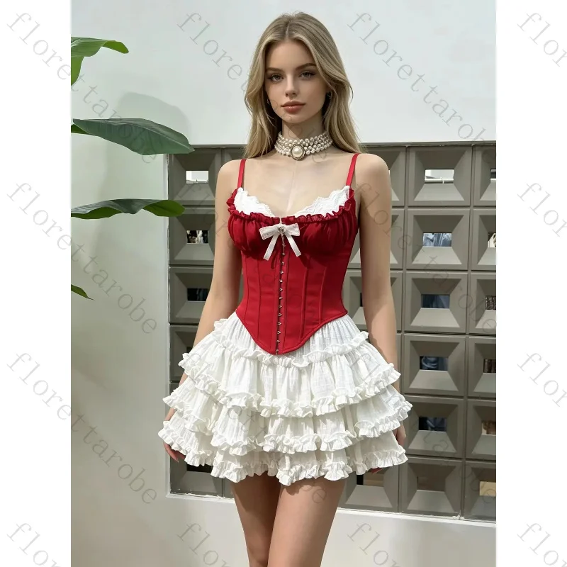 Customized Red Spaghetti Strap Corset Top White Tiered Ruffle Mini Skirt Two Piece Set Bow Decor Evening Party Matching Outfit