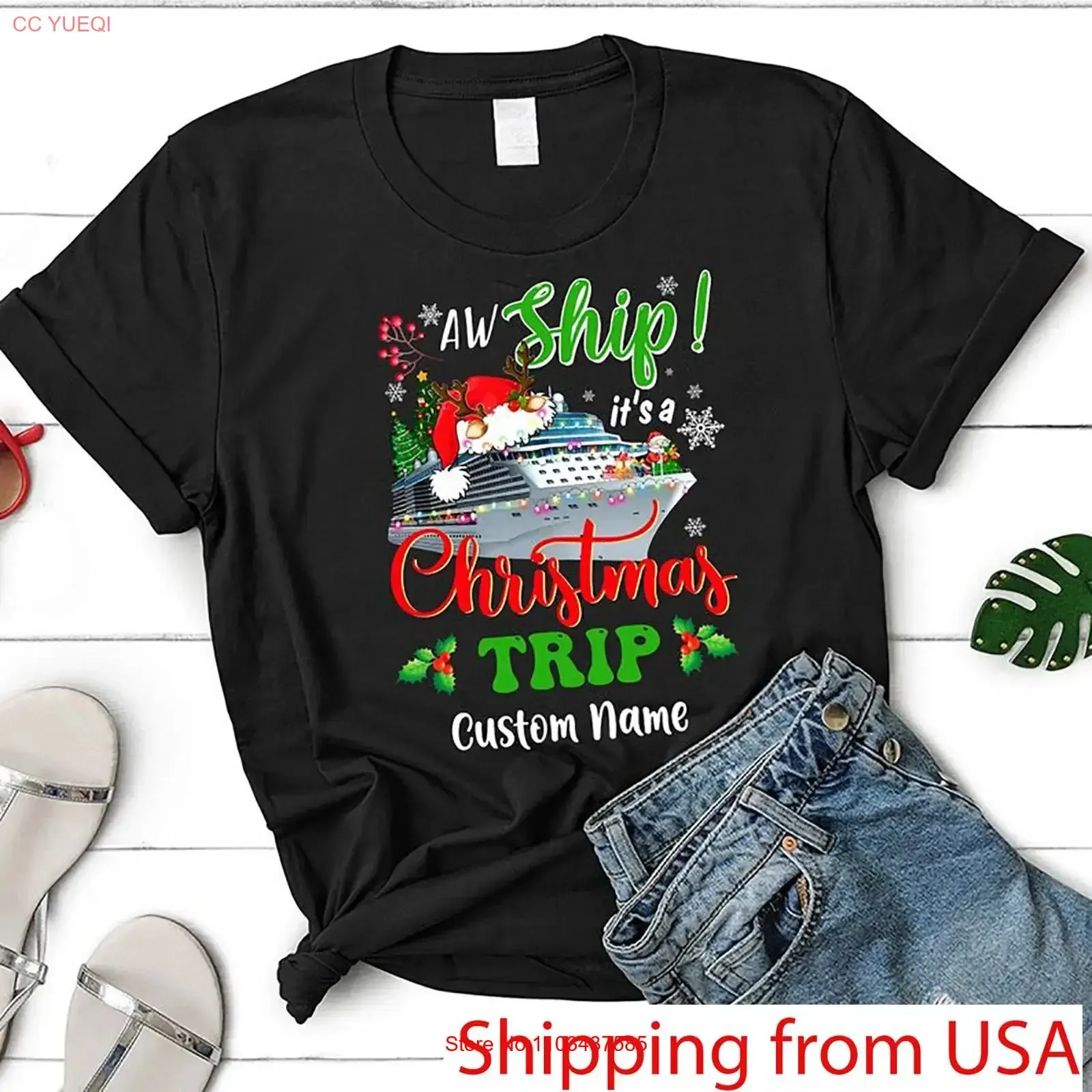 Custom Name Aw Ship It's A Christmast Trip T Shirt Personalized Christmas Fami Vintage Washed Comfortable Breathable Soft Homme