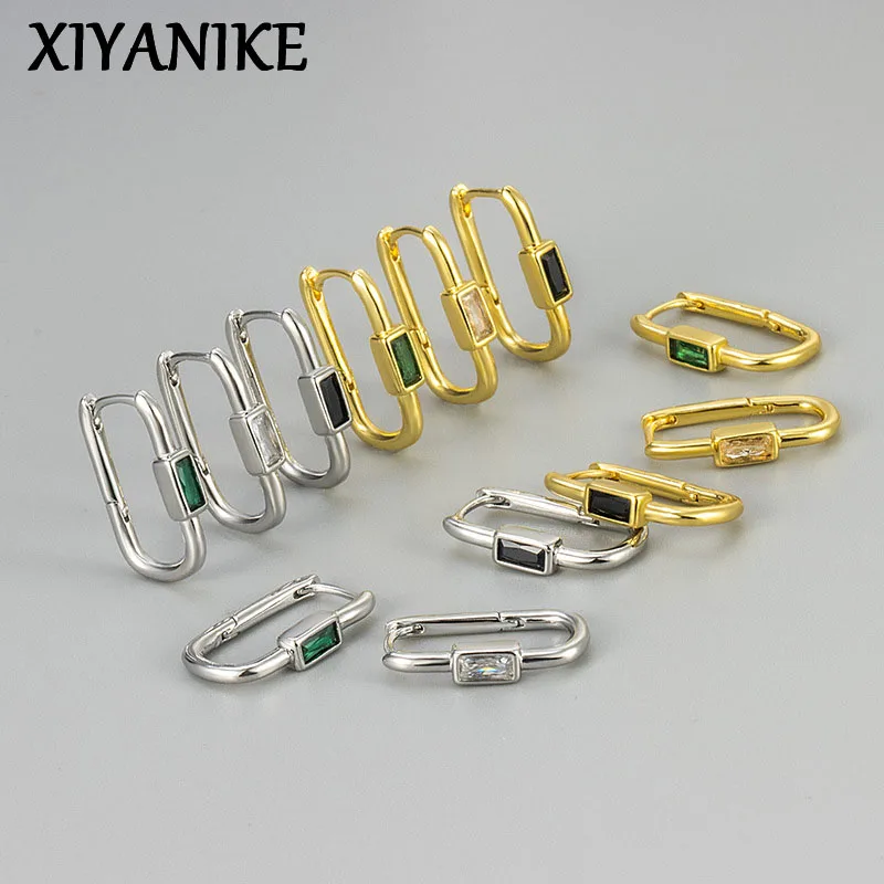XIYANIKE Vintage Grün Quadrat Zirkon Ohr Schnalle Hoop Ohrringe Für Frauen Französisch Mode Neue Schmuck Geschenk Party Naturanici Daugner