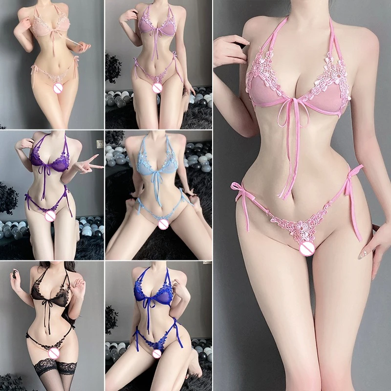 

2-piece Set Sexy Sheer Perspective Three-point Exotic Sets Lingerie Embroidered Straps Adjustable Underwear Hollow Mesh Thong