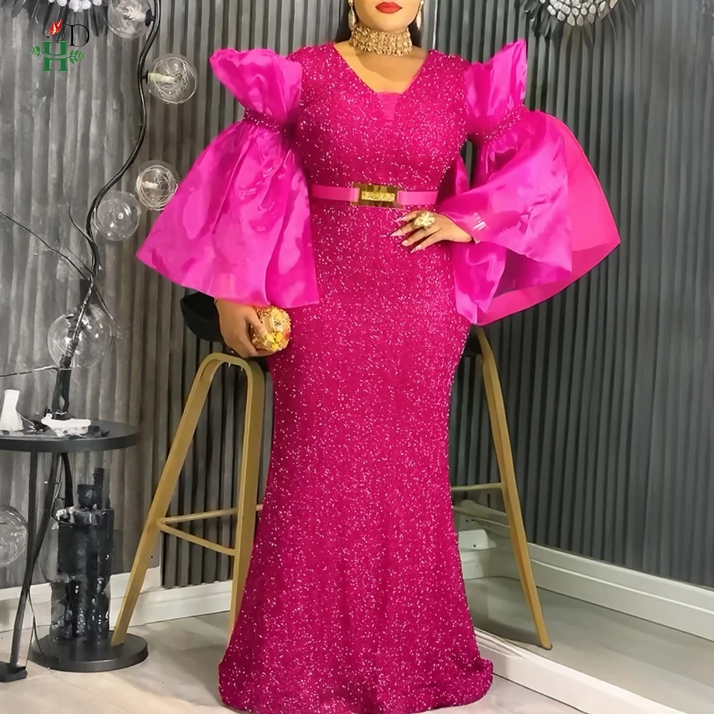 

H&D африканские платья для женщин, большие размеры, платье макси с блестками и v-образным вырезом, платье большого размера с рукавами-колокольчиками, вечерние, свадебные, Bubu, африканская одежда