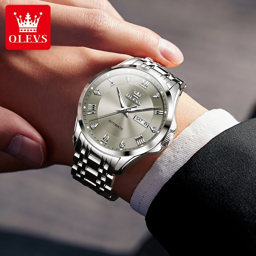 OLEVS Mens Watches Business Automatic Mechanical Watch For Man Date Waterproof Stainless Stee Watch Bands Roman Numeral 6702