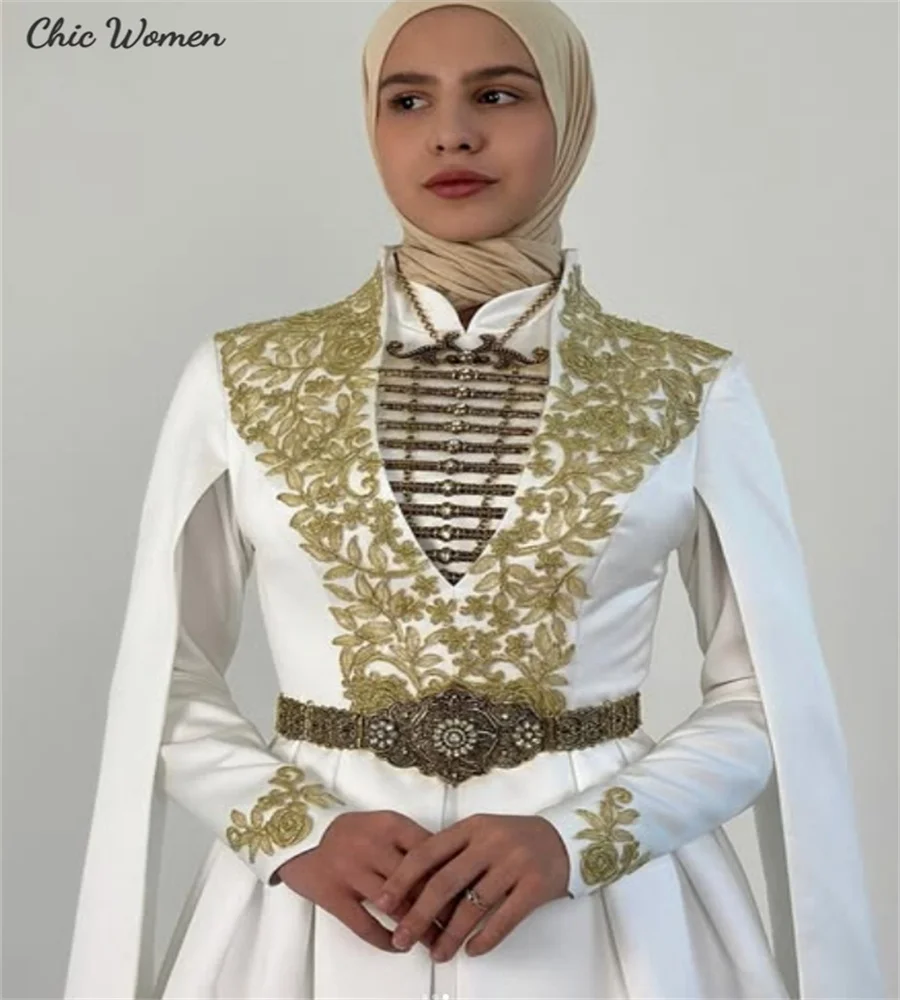 Vestido de casamento caucasiano árabe saudita com apliques de ouro Muslimah marroquino caftan vestido de noiva muçulmano egito civil personalizado