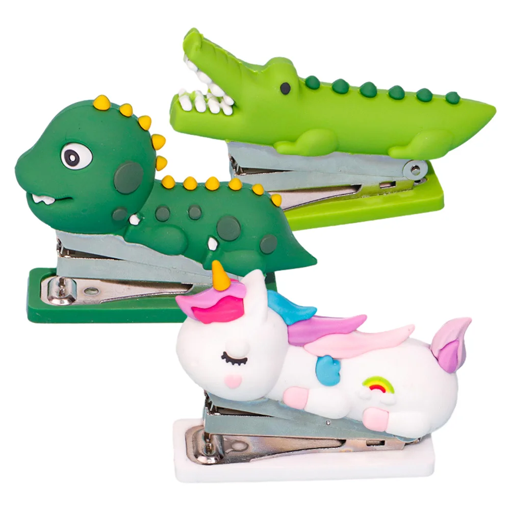 3pcs Cute Mini Animal Stapler Kids Boys Dinosaur Silica Gel School Office Stationary Reusable Desk Accessory Large Capacity