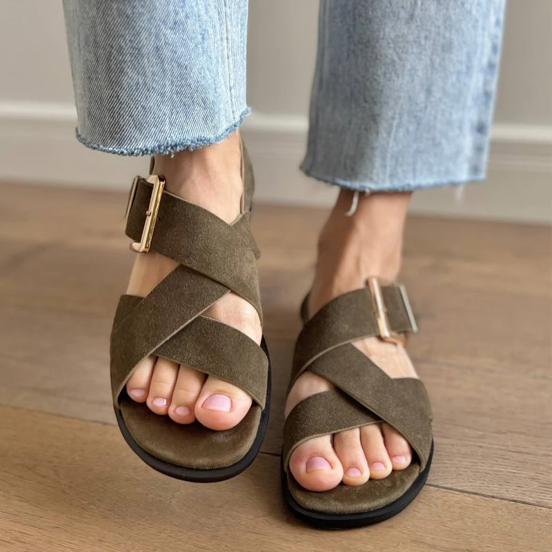 Women's Real Leather Flat Sandals - Summer 2025 Fashion, Size 34-43
