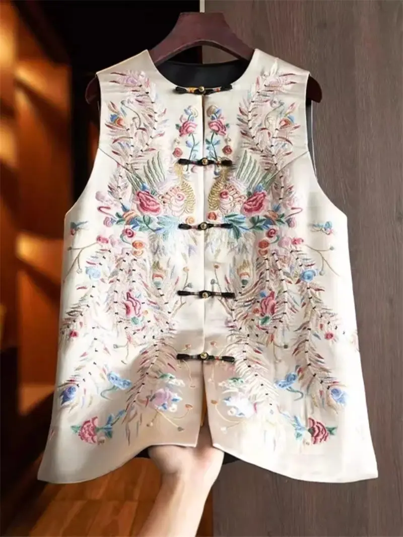 

Retro Elegant Heavy Industry China-Chic Embroidery Acetic Acid Vest Women's New Vintage Panbuckle Chinese Tops For Women K1540