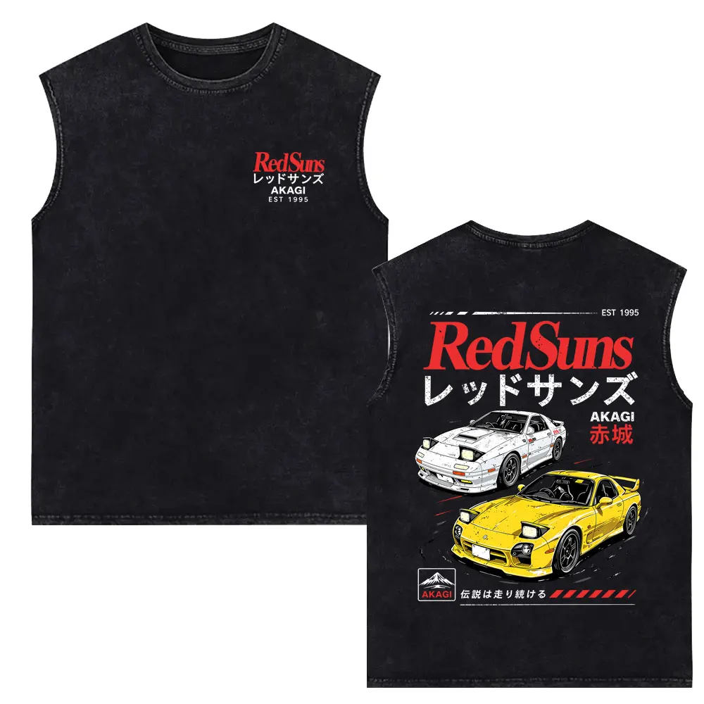 Anime Initial D Drift AE86 Takumi Fujiwara Tofu Shop Akagi Redsuns Vintage Washed Tank Tops Men's Manga Sleeveless Vest T-shirt