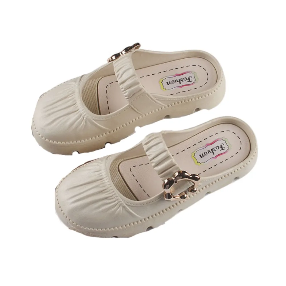 

Korean Style Anti Slip Flat Slippers Women Round Toe Sweet Slides Sandals Soft Soled Shoes PU Leather Slippers Ladies