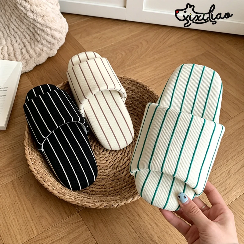 XIXITIAO Stripe Indoor Slippers Women Men Four Seasons Couples Home Flat Floor Slippers Open-Toe Soft Light Cotton Shoes Unisex view 4