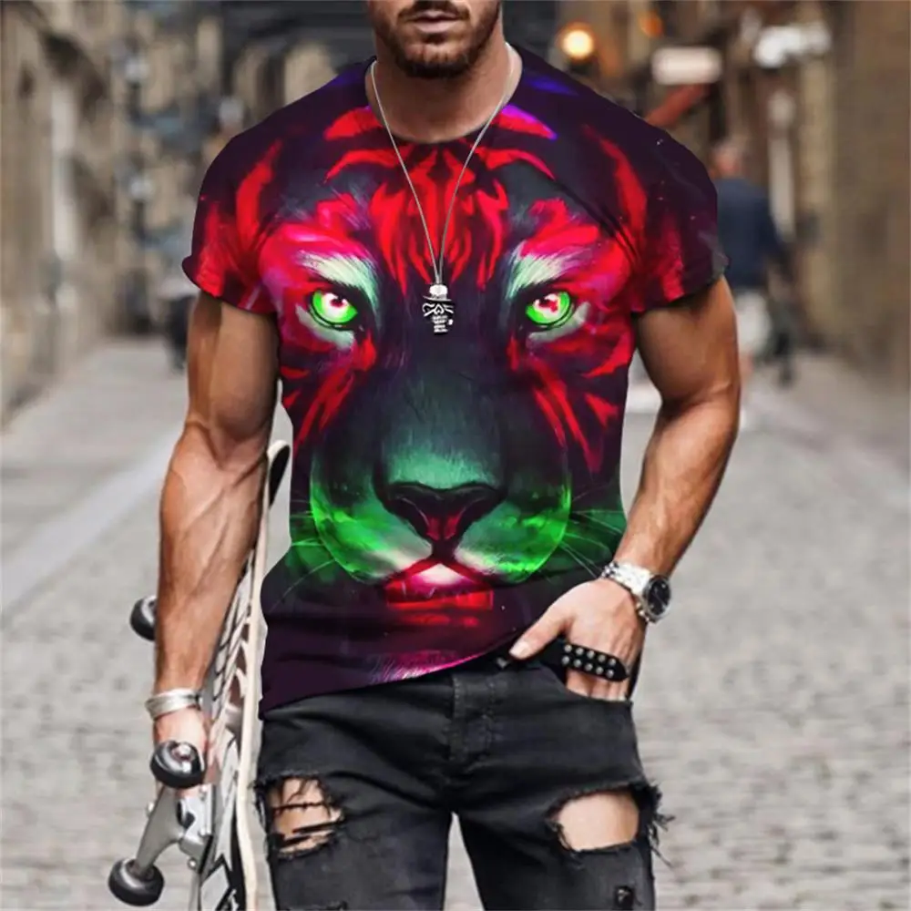 

Sika Deer Lion Wolf Purple Tiger Men's T-Shirt 3D Print Crew Neck Animal Funny Streetwear Summer Loose Large Short Sleeve TShirt