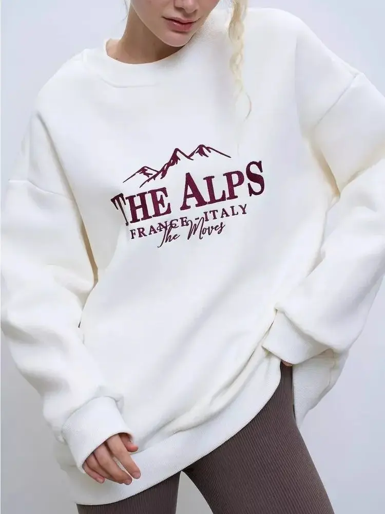 Grube polarowe miękkie bluzy Amerykański styl retro z nadrukiem liter Okrągły dekolt Biała bluza z kapturem Luźna damska bluza na jesień i zimę