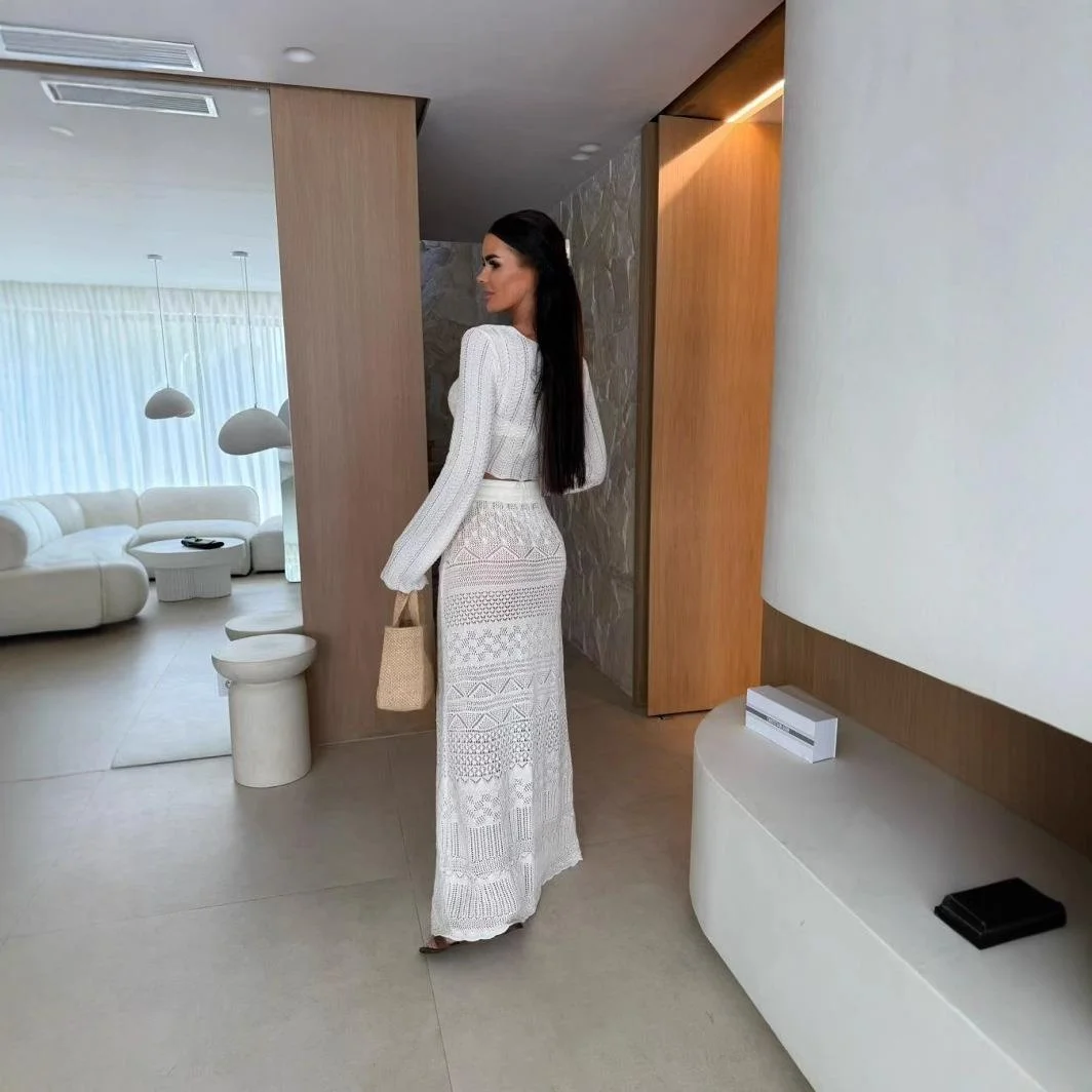 Faionable gebreide bikini uitgehold strandkleding sexy badpak cover-up zonbescherming set wit f rok Cleanfit Sle