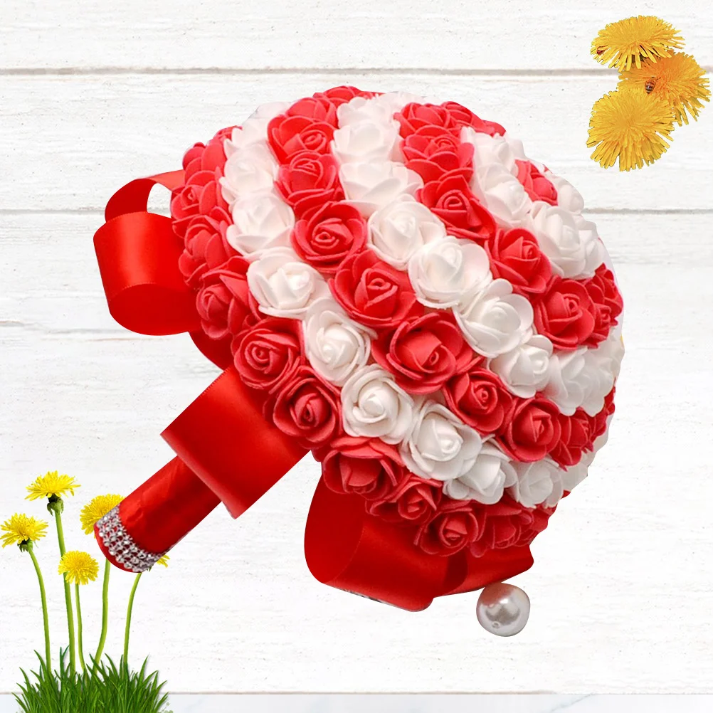 باقة العروس المربوطة يدويًا لون الحلوى المقلد الوردي الرائع من البولي ايثيلين زهرة الزفاف النابضة بالحياة لتزيين مكتب المنزل والعروس