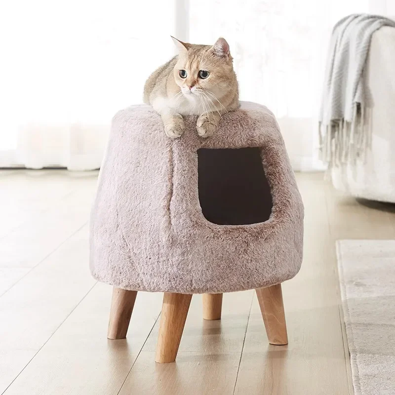 Pet and Human Shared Foot Stool Winter Double-layer Cat's Nest Solid Wood Frame Bunk Beds Comfortable Plush Pet House