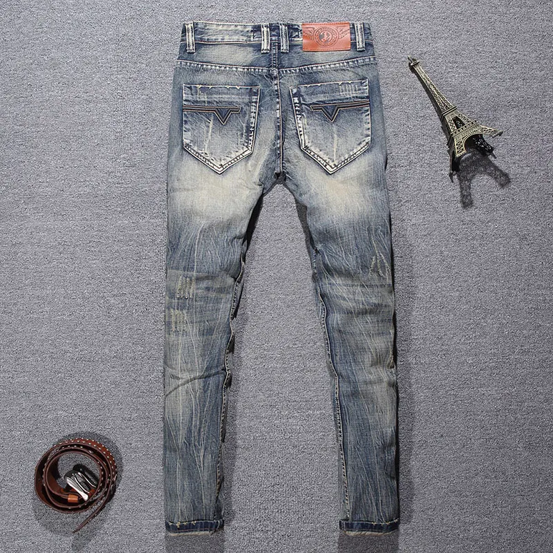 Fashion Streetwear Men Jeans Retro Washed Blue Stretch Slim Fit Ripped Jeans Men Patched Designer Vintage Denim Pants Hombre