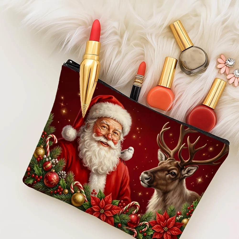 Vintage Christmas Santa and Reindeer with Pine Branches Candy Cane Ornament Cosmetic Bag Portable Travel Makeup Pouch Xmas Gift