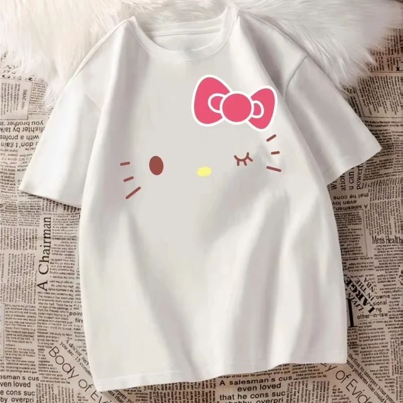 سانريو مرحبا كيتي الإبداعية رسمت تي شيرت الصيف المرأة الجديدة حجم كبير تي شيرت Y2K ريترو فضفاض عادية كم قصير