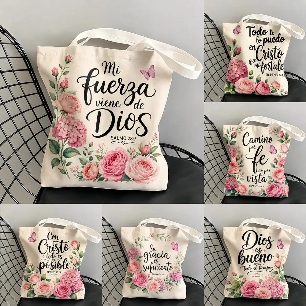 Pink Floral Butterfly Pattern Storage Bags Large Capacity Canvas Tote Bag Double-Sided Print Shoulder Handbag for Daily Shopping