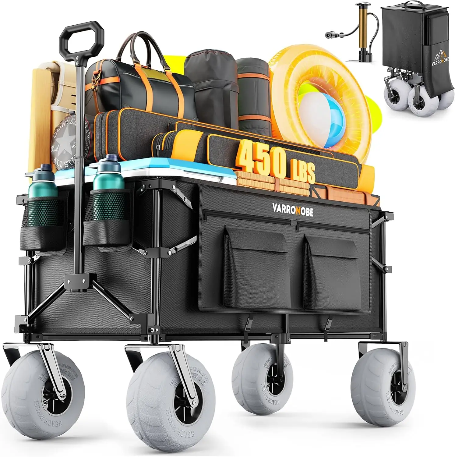 

Beach Wagon with Big Balloon Wheels for Sand, 240L Collapsible Wagon, 9x4 Wide Wheels, 450lbs Heavy Duty Beach Cart with Side