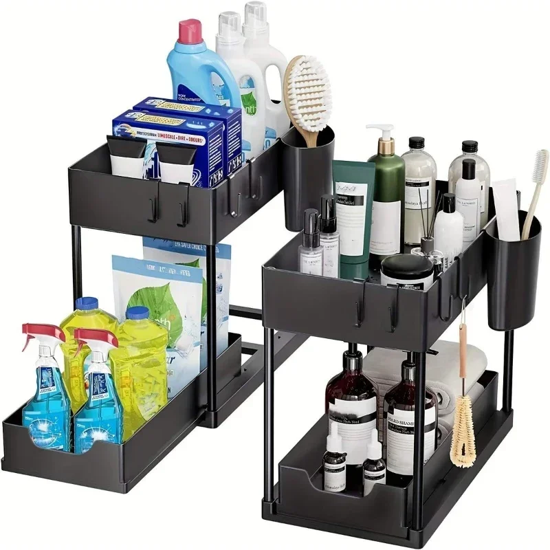 2 Tier Kitchen Organizer Sliding Cabinet Basket Organizer Storage Rack with Hooks Hanging Cup Bathroom Miscellaneous Holder