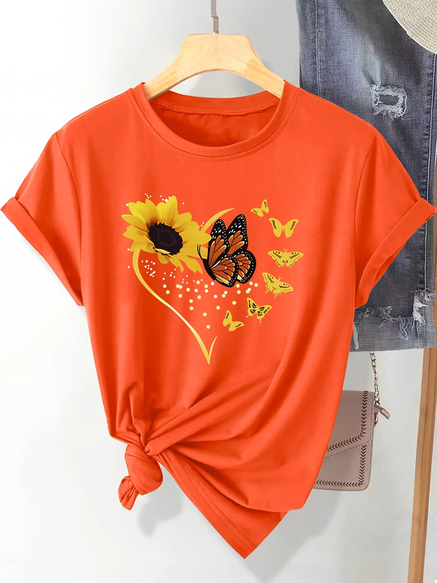 Women's T-shirt Sunflower and Emperor Butterfly Gold Love Contour Printed Round Neck Casual Daily Simple Women's Top